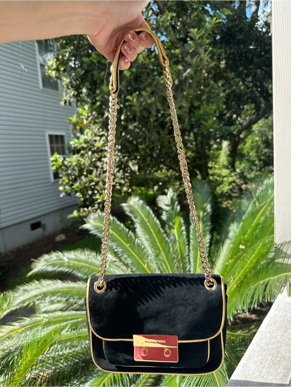 Michael Kors Black Suede Shoulder Bag with Gold Trim